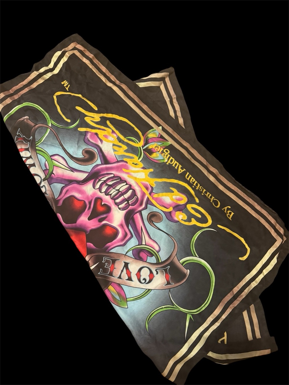 Decorative Ed Hardy 100%sillk Skull Art Scarf in Black, Pink, Red and Green